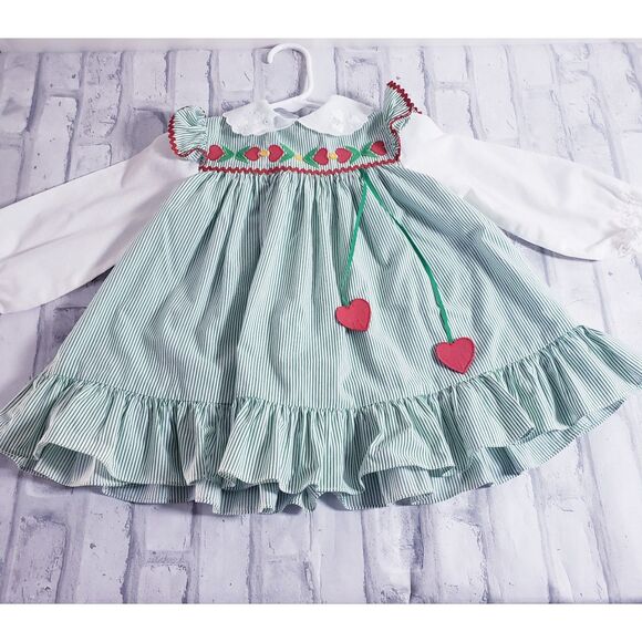 Vintage 80's Baby Girls Green Stripe Dress With Hearts - Picture 2 of 6